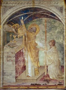 Fresko des Lebens des Heiligen Martin. Die wunderbare Messe des Heiligen Martin von Tours. Zwei Engel erscheinen dem Heiligen Martin, als er die Hostie vor dem Altar erhebt. Gemälde von Simone Martini
