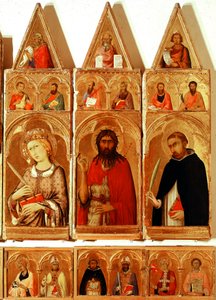 Heilige Katharina von Alexandria, Johannes der Täufer, Heiliger Petrus von Verona. Detail des Polyptychons der Heiligen Katharina von Alexandria
