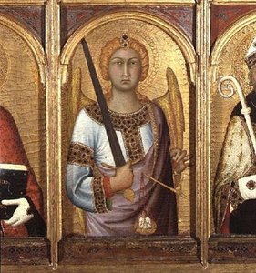 St. Michael, Detail vom Altarbild der SS Geminianus, Michael und Augustine, ca. 1319 (Detail) von Simone Martini