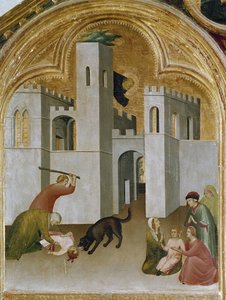 Das Wunder des Kindes, das zwischen den Fängen eines Wolfes gefangen ist. Teil des Triptychons Geschichte des Eremiten von St. Augustinus