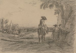 Frau auf einem Pferd mit zwei stehenden Frauen, die eine Landschaft überblicken von Sir Augustus Wall Callcott