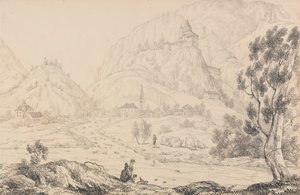 Album mit 30 Ansichten in Tirol und Italien: Festung Trostburg bei der Stadt Kollman. Tirol. 28. Okt. 1840 von Sir Charles D
