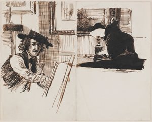 Whistler zeichnet Poynter; Rückansicht eines Mannes, der an einem Tisch bei einer beleuchteten Lampe sitzt