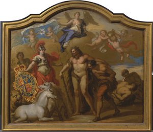 Allegorie der Macht Großbritanniens zu Land, Entwurf für ein dekoratives Paneel für die Zeremonienkutsche von George I. von Sir James Thornhill