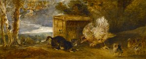 Eine Henne verteidigt ihre Küken gegen den Angriff einer Katze von Sir Peter Francis Bourgeois