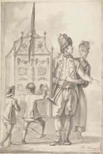 Studie eines Guckkastens mit zwei Begleitfiguren und zwei Kindern von Sir Peter Francis Bourgeois