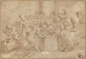 Älterer Mann beobachtet Putti beim Sezieren eines Auges von Sir Peter Paul Rubens