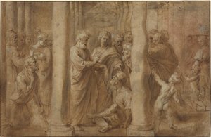 Das Wunder des geheilten Lahmen durch die Heiligen Petrus und Johannes von Sir Peter Paul Rubens over Anonymous Italian after Parmigianino after Raphael
