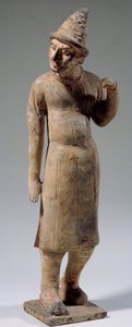 Chinesische Kunst: Sogdian, barbarische Terrakottafigur mit spitzem Hut, die Seide trägt von Sogdian Sogdian