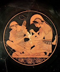 Innenraum einer attischen rotfigurigen Kylix, die Achilles zeigt, wie er den verwundeten Patroklos pflegt, aus Vulci, ca. 500 v. Chr. von Sosias Painter