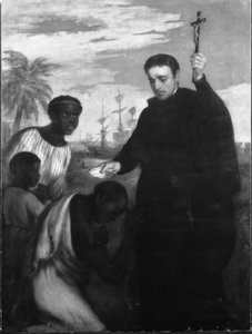 Ein Jesuitenmissionar, vielleicht Manuel de Nobrega oder Peter Claver, tauft Schwarze