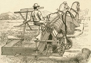 Eine Erntemaschine, von Pferden gezogen, die die Getreidebündel mechanisch band, verwendet im späten 19. Jahrhundert. Aus El Museo Popular, veröffentlicht in Madrid