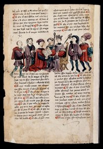 Ein Mann überreicht dem König ein Buch, Miniatur in "Libro de los Castigos o Documentos para Bien Vivir"