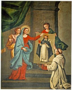 Ein Heiliger präsentiert ein Porträt von St. Dominikus der Jungfrau Maria von Spanish School