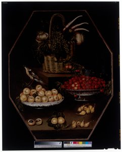 Stillleben mit Granatäpfeln und Trauben in einem Korb von Spanish School