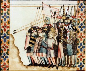 Armee der Kreuzfahrer Detail einer Seite aus einem Manuskript des Liedes von der Heiligen Maria (Cantigas de Santa Maria), dekoriert mit Miniaturen, die der Heiligen Maria und ihren Wundern gewidmet sind, eine Sammlung von Liedern, die unter der Herrschaft von Spanish School