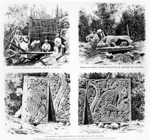 Artefakte, entdeckt in Chichen Itza von Augustus Le Plongeon, Illustration aus La Illustracion Espanola y Americana 1877