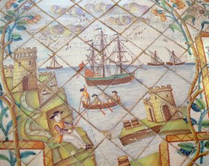 Azulejos-Fliesen, die einen Hafen mit Schiffen darstellen