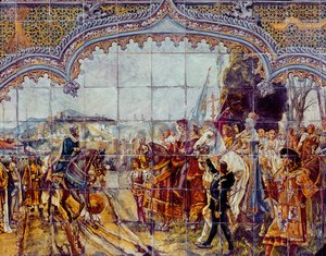 Boabdil übergibt die Schlüssel von Granada an die Katholischen Könige im Jahr 1492 (Keramik)