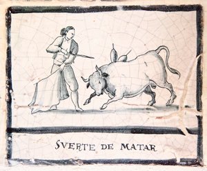 Stierkampfszene auf einer antiken Fliese - Die Tötungsphase von Spanish School