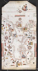 Karte des Mittelmeers und des Schwarzen Meeres, und ein Teil des Atlantiks, von den Britischen Inseln im Norden bis zu den Kanarischen Inseln im Süden; mit den Küstenlinien; und mit den Namen der wichtigsten Städte auf Spanisch, von Jaume Oliues, Mallorqui