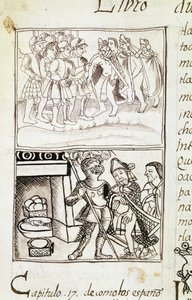 Codex der Eroberung Mexikos - Miniatur aus dem Florentiner Manuskript "Storia degli Aztechi" (Geschichte der Azteken) von Bernardino de Sahagun