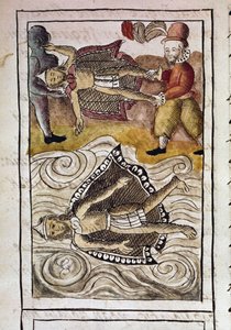 Codex der Eroberung Mexikos: Die Leichen von Itzquauhtzin und Montezuma, oder Moctezuma II, Aztekenkaiser (1466-1520), werden von den Spaniern aus dem Palast geworfen.