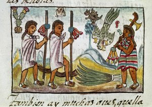 Codex der Eroberung Mexikos: Kaufleute verkleidet in Tzinacantlan. Miniatur des Florentiner Manuskripts 
