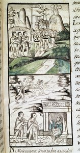 Codex der Eroberung Mexikos: die Gesandten von Montezuma, oder Moctezuma II, Aztekenkaiser, treffen die Spanier von Spanish School