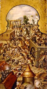 Darstellung der Gräueltaten während der Kämpfe um die Eroberung des Tempelmayors und des Zocalo-Platzes