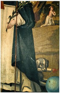 Detail zeigt die Lilie, den Stab und den Hund mit Fackel, Attribute des St. Dominikus von Spanish School