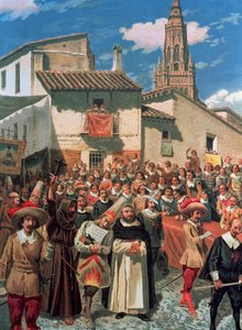 Gefolge begleitet zwei Gefangene mit einem Priester, nachdem sie vom Gericht der Inquisition verurteilt wurden