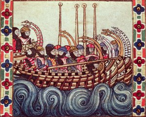 Fol.53r Abfahrt eines Bootes zu den Kreuzzügen, geschrieben in Galicisch für Alfons X. (1221-84)