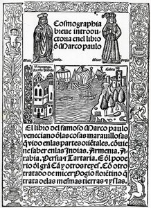 Frontispiz zur ersten kastilischen Version von Die Reisen des Marco Polo, übersetzt von Rodrigo de Santaella, veröffentlicht 1503 von Spanish School