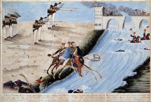 General Joseph (Jozef) Antoni Poniatowski (1763-1813) ertrinkt beim Versuch, die Elster in der Schlacht von Leipzig (Völkerschlacht) zu überqueren, um nicht von den Alliierten gefangen genommen zu werden, im Oktober 1813