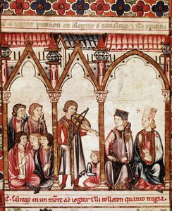 Gruppe von Troubadouren, Illustration aus „Cantigas de Santa Maria“, erstellt unter der Leitung von Alfons X. („Der Weise“) König von Kastilien und León (1221-84) - Der Hof des Königs und die Musiker. Miniatur aus einem Manuskript des Liedes von Santa Mari von Spanish School