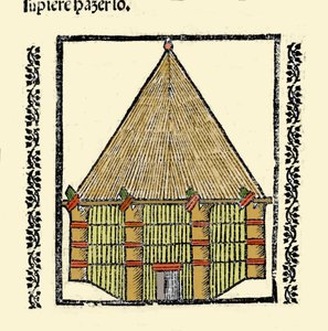 Lebensraum: Beschreibung der Hütte der karibischen Ureinwohner. Gravur aus dem Buch „Historia general de las Indias, islas y tierra firme del mar oceano“ von Gonzalo Fernandez de Oviedo (Gonzalo) oder Fernandez de, oder Hernandez de Oviedo y Valdes (1478-1