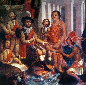 Hernando Cortes (1485-1547) empfängt die Huldigung der Azteken