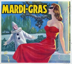 Illustration einer Mardi-Gras-Party (Mardi Gras) Verkleidung mit einem Pierrot und einer maskierten Frau. Werbung, Valencia, 20. Jahrhundert