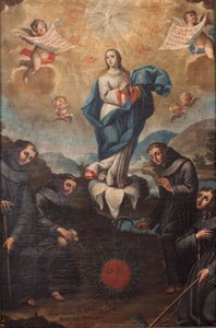 Unbefleckte Empfängnis mit gärtnerischen Franziskanern. Ursprung des Chors. Signiert unten links „ADEVOZION DE DA TERESA, Sanchez Yepros?“. 18. Jahrhundert.