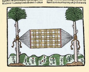Erfindung der Hängematte: Diese Erfindung revolutionierte das Leben der Seeleute an Bord von Schiffen. Sie schliefen zuvor auf dem nassen Deck. Gravur aus dem Buch „Historia general de las Indias, islas y tierra firme del mar oceano“ von Gonzalo Fernandez 