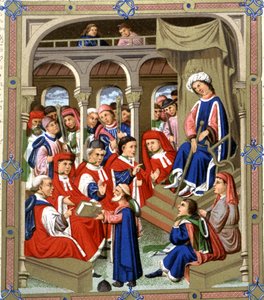 Jaume Marquilles übergibt sein Buch den Ratsherren von Barcelona in Anwesenheit von König Alfons IV. dem Großmütigen, 15. Jahrhundert von Spanish School