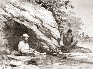 Jules Crevaux, während seiner Erkundung von Französisch-Guayana im Jahr 1878, im Schatten eines Felsens am Ufer des Oyapock- oder Oiapoque-Flusses