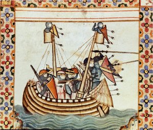 Die Kreuzfahrer auf dem Weg zur Belagerung einer Sarazenenfestung Detail einer Seite aus einem Manuskript des Liedes von der Heiligen Maria (Cantigas de Santa Maria), dekoriert mit Miniaturen, die der Heiligen Maria und ihren Wundern gewidmet sind, eine Sa von Spanish School