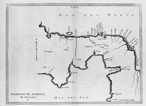 Karte von Mittelamerika (Panama) aus einem spanischen Reiseband aus dem frühen 17. Jahrhundert. Die Karte ist nach der alten Methode ausgerichtet (Nordosten nach Osten) und der Atlantische Ozean wird als Nordsee und der Pazifik als Südsee bezeichnet