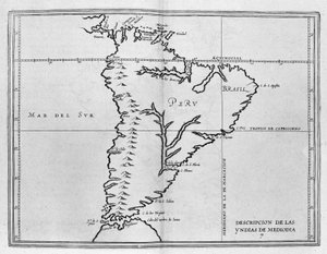 Karte von Meridionale Amerika (Südamerika oder Lateinamerika) aus einem spanischen Reiseband vom Anfang des 17. Jahrhunderts. Der Pazifische Ozean wird als Südsee bezeichnet und die Länder Peru und Brasilien sind benannt sowie die Äquatorlinie.