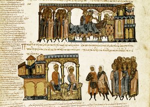 Miniatur aus „Synopsis historiarum“ oder „Byzantinische Chroniken“ (Geschichten der byzantinischen Könige und Ereignisse von 811 bis 1057) von Johannes Skylitzes (11.-12. Jahrhundert)
