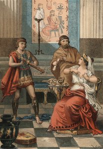 Monime, Königin von Pontus, bittet auf Befehl ihres Mannes Mithridates VI. Eupator, getötet zu werden, um nicht in die Hände der Römer zu fallen (72 v. Chr.). In „El Culto de la Hermosura“ von Juan Justo Huguet, Molinas Hermanos editores