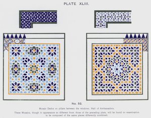 Mosaik-Dados an Säulen zwischen den Fenstern, Halle der Botschafter (Farblithografie) von Spanish School