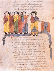 Moses lässt Wasser aus den Felsen von Horeb fließen, Exodus 17:1-7, aus der Westgotisch-Mozarabischen Bibel von St. Isidores, fol.40v., 960 n. Chr. (Tempera auf Pergament)